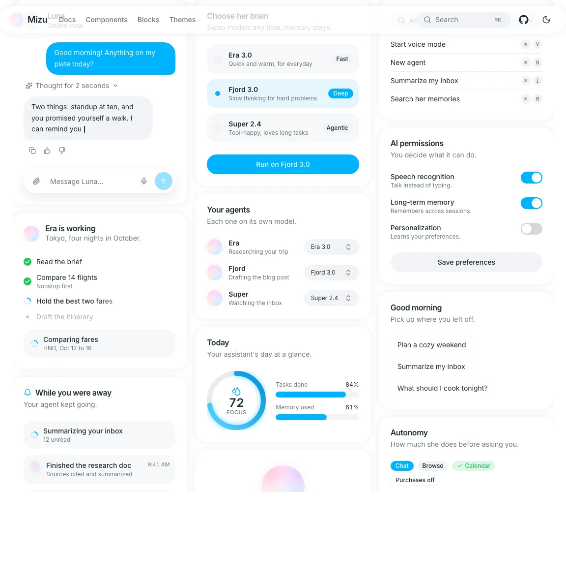 Production Mizu component wall showing chat, agents, model selection, permissions, and status patterns