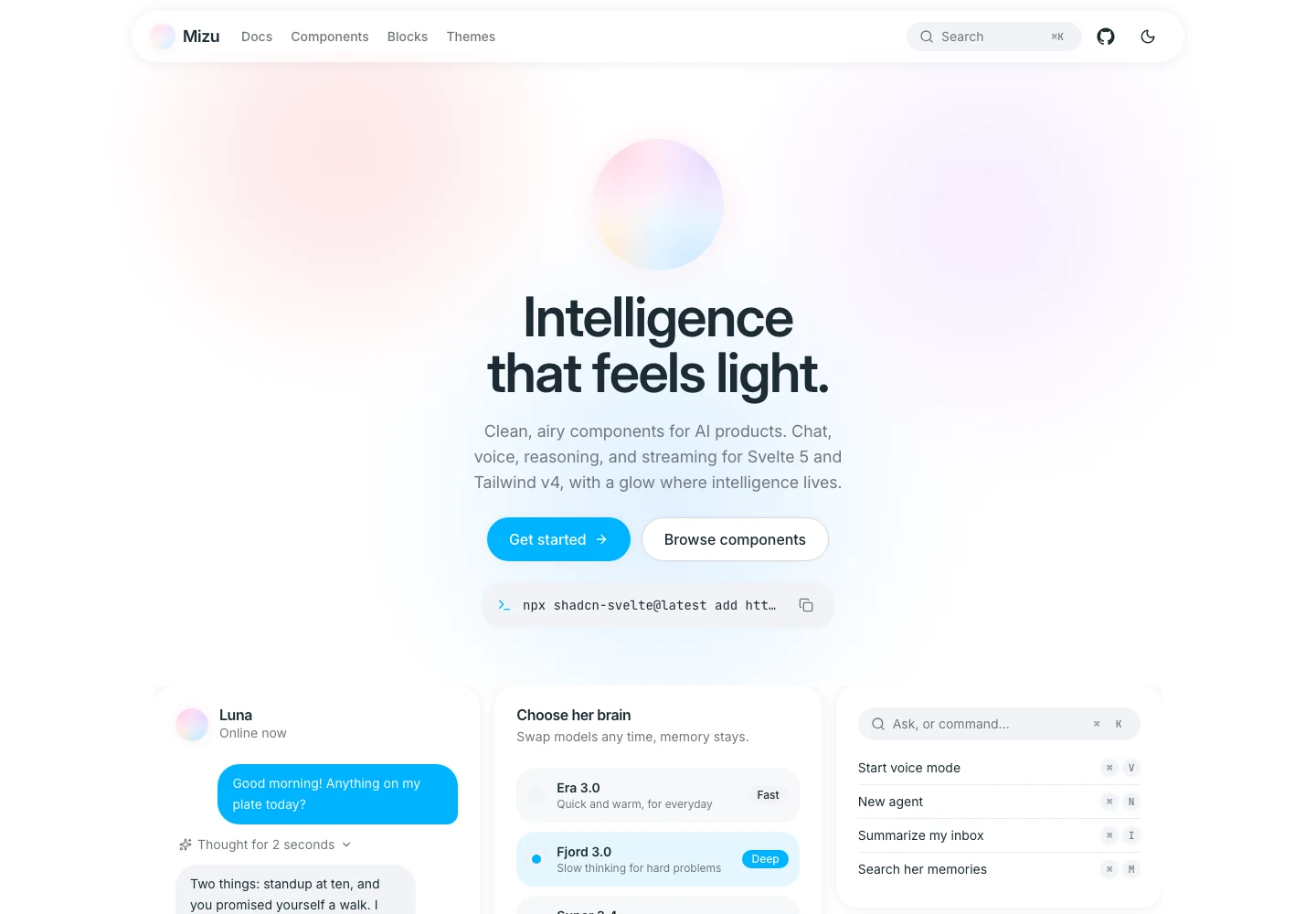 Mizu design system homepage showing its pastel orb, product statement, and AI interface components