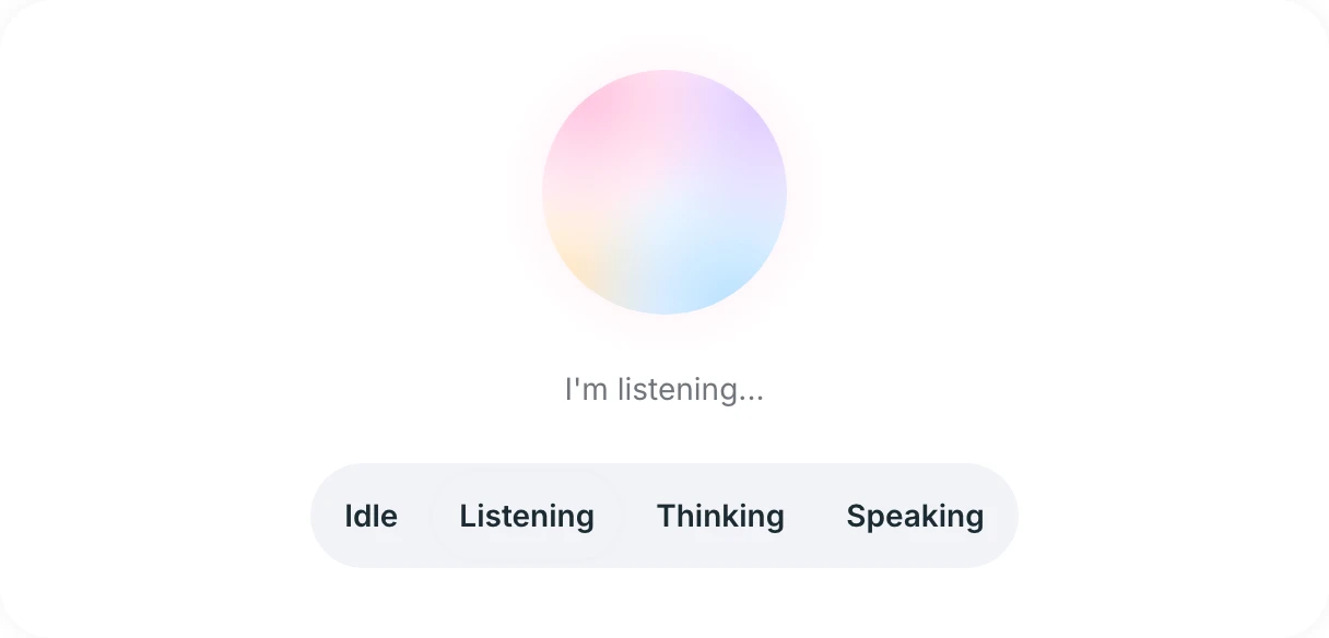 Production Mizu Voice Orb component showing listening, thinking, and speaking controls