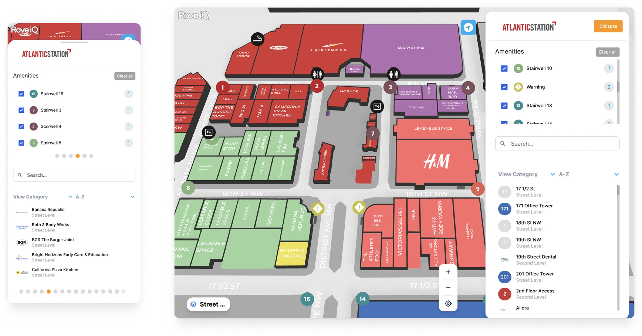 RoveiQ responsive amenities layout across mobile and desktop